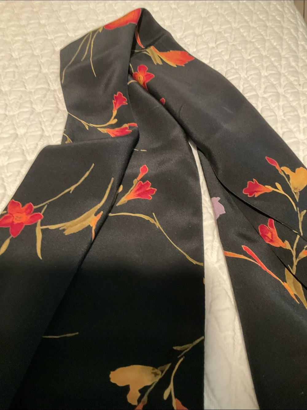 Vintage Bill  Peaks NYC Black Floral Scarf with Red, Orange & Gold Blooms